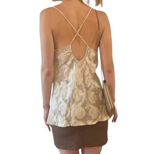 VTG Isda & Co Taupe Silk Linen Paisley Backless Sleeveless Cami Blouse Tank Top